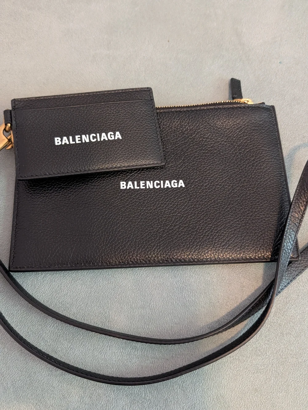 Balenciaga Black Leather Pouch/Wallet And Card Case On A Strap.